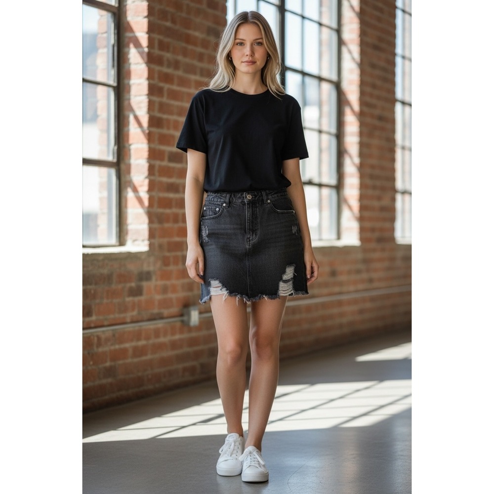 Y2K Distressed Denim Mini Skirt Womens M‎ Black Indie Sleaze Grunge